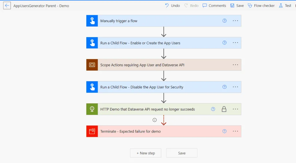 Screenshot of a demo flow leveraging the two App Users Generator Child Flows