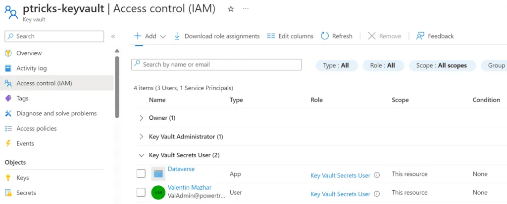 Screenshot of the Azure Key Vault IAM configuration for the App Users Generator