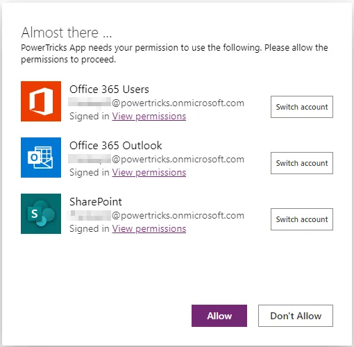 screenshot of the connection consent message in PowerApps