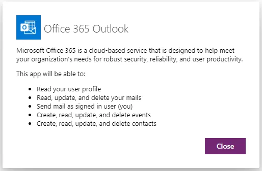 Screenshot of the outlook detailed information in the Power Apps Consent Popup