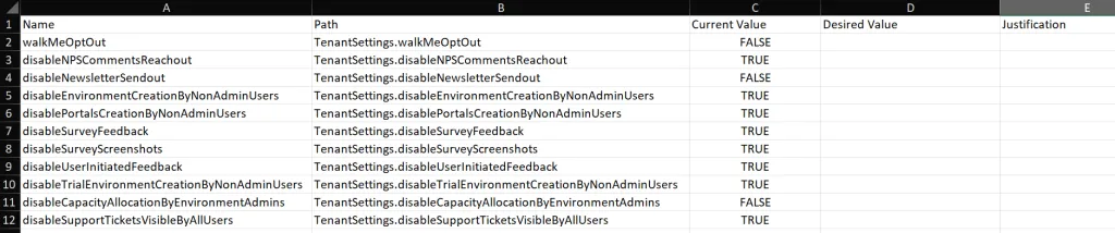 Screenshot showing the exported file containing the tenant settings