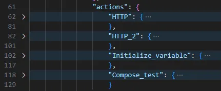 Screenshot showing the JSON structure of the actions object from a flow definition, illustrating the nested parent-child action hierarchy