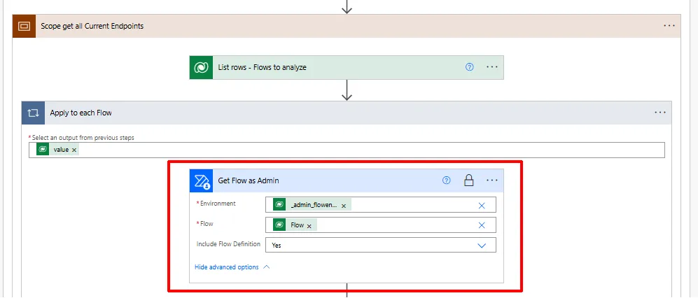 Screenshot of the Get flow as Admin action from the Power Automate Management connector used to retrieve flow definitions
