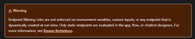 Screenshot of the Microsoft warning about endpoint filtering bypass when using dynamic URI values in Power Platform DLP policies