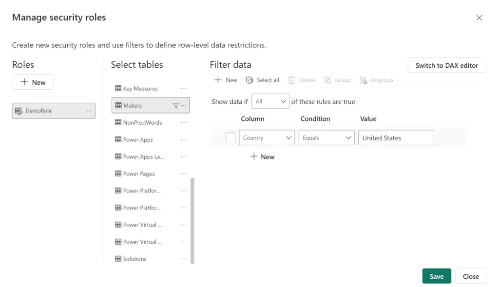 Screenshot of the Power BI RLS role editor showing a filter on the Makers table restricting data to United States users