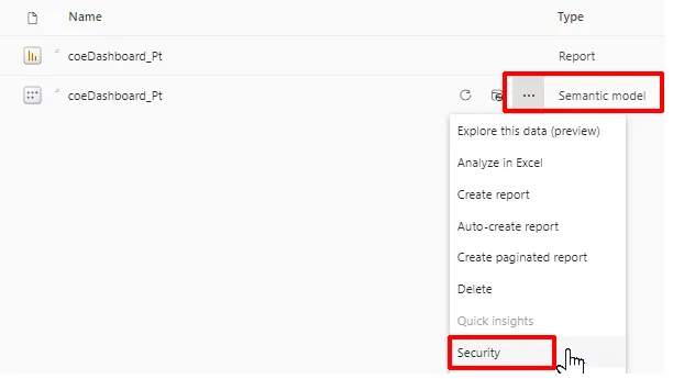 Screenshot showing how to access Semantic Model security options