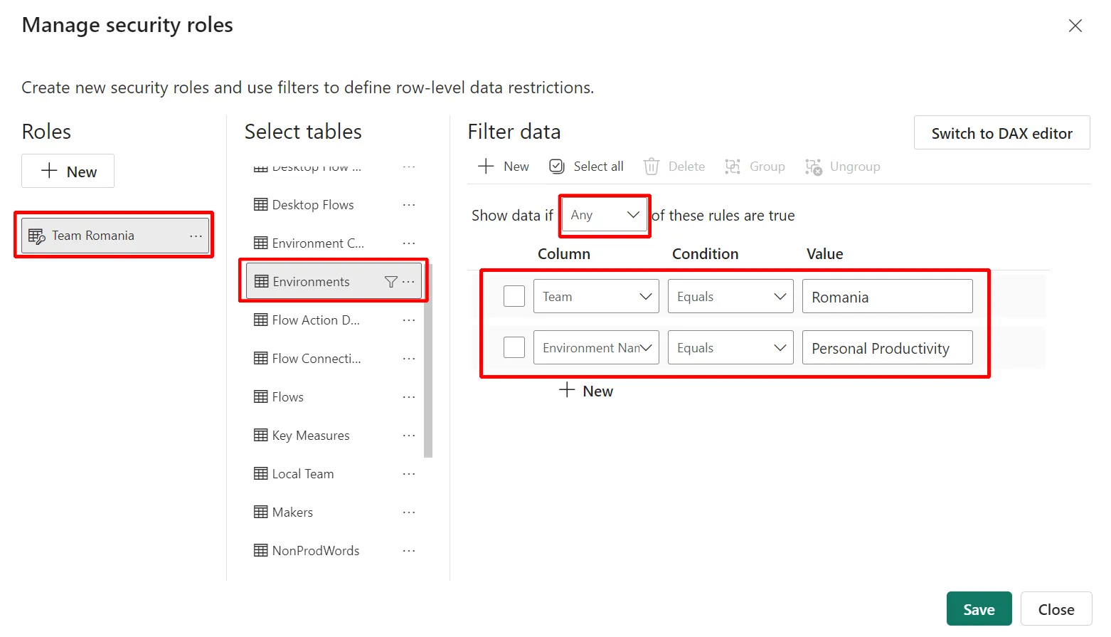 Example to create the environments filter for a Local Team role