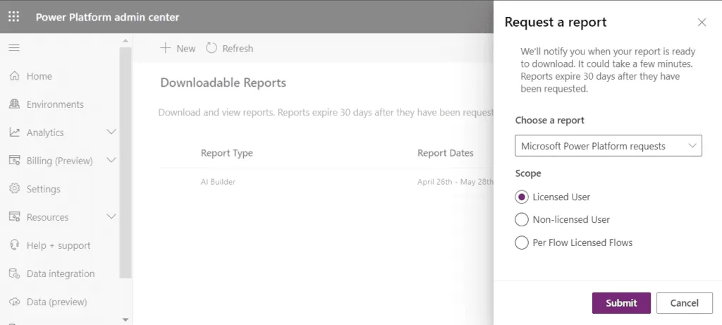 Screenshot of the Power Platform Admin Center Download Reports page showing available tenant consumption report types