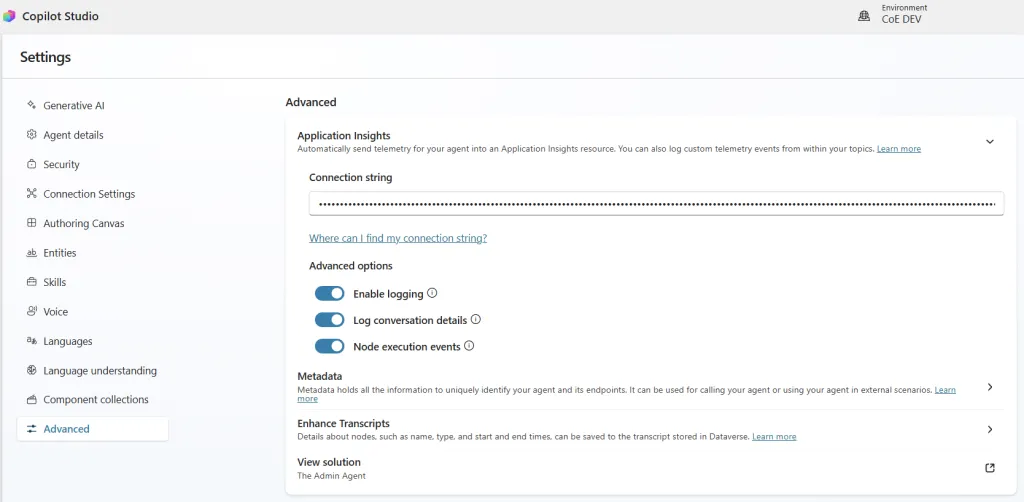 Screenshot to configure app insights in copilot studio