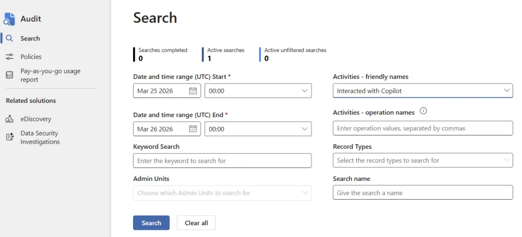 screenshot showing how to search for copilot interaction logs in Purview