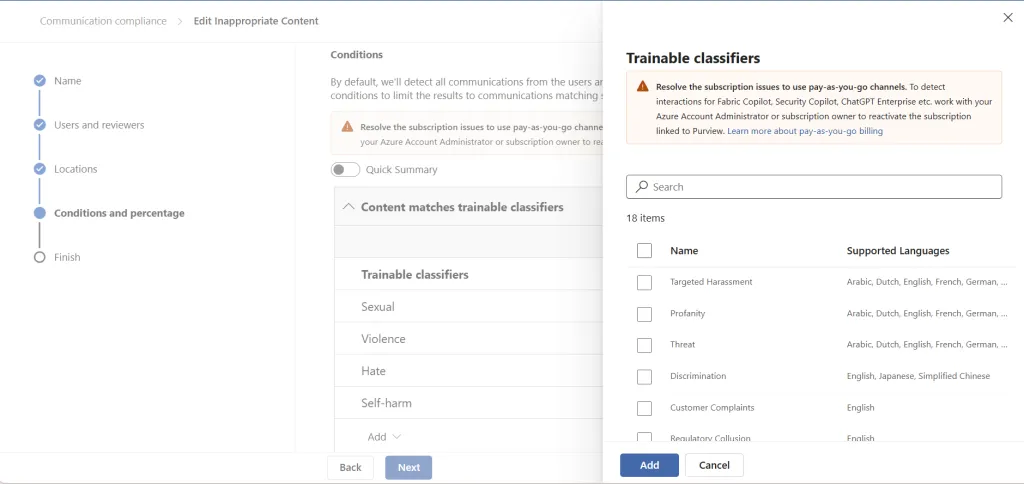 screenshot of communication compliance policy