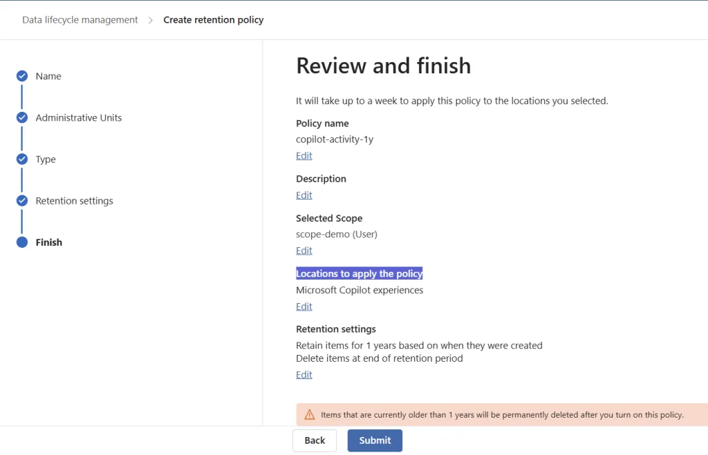 screenshot of purview data life cycle management retention policy