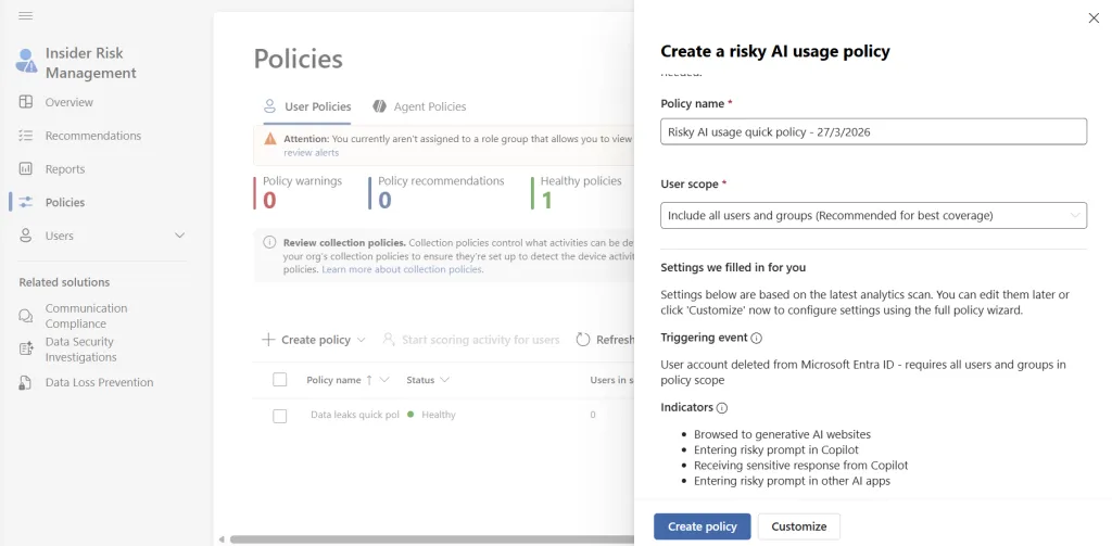 screenshot of Insider Risk Management in Purview
