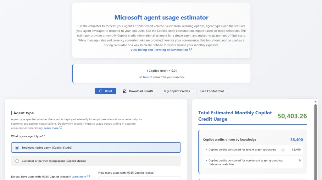 Screenshot of the agent usage estimator